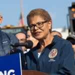 Los Angeles Mayor Karen Bass speaks to journalists in a press conference to announce Steve Soboroff (left) to lead L.A.'s wildfire rebuilding and recovery efforts on January 17, 2025 in Los Angeles, California.