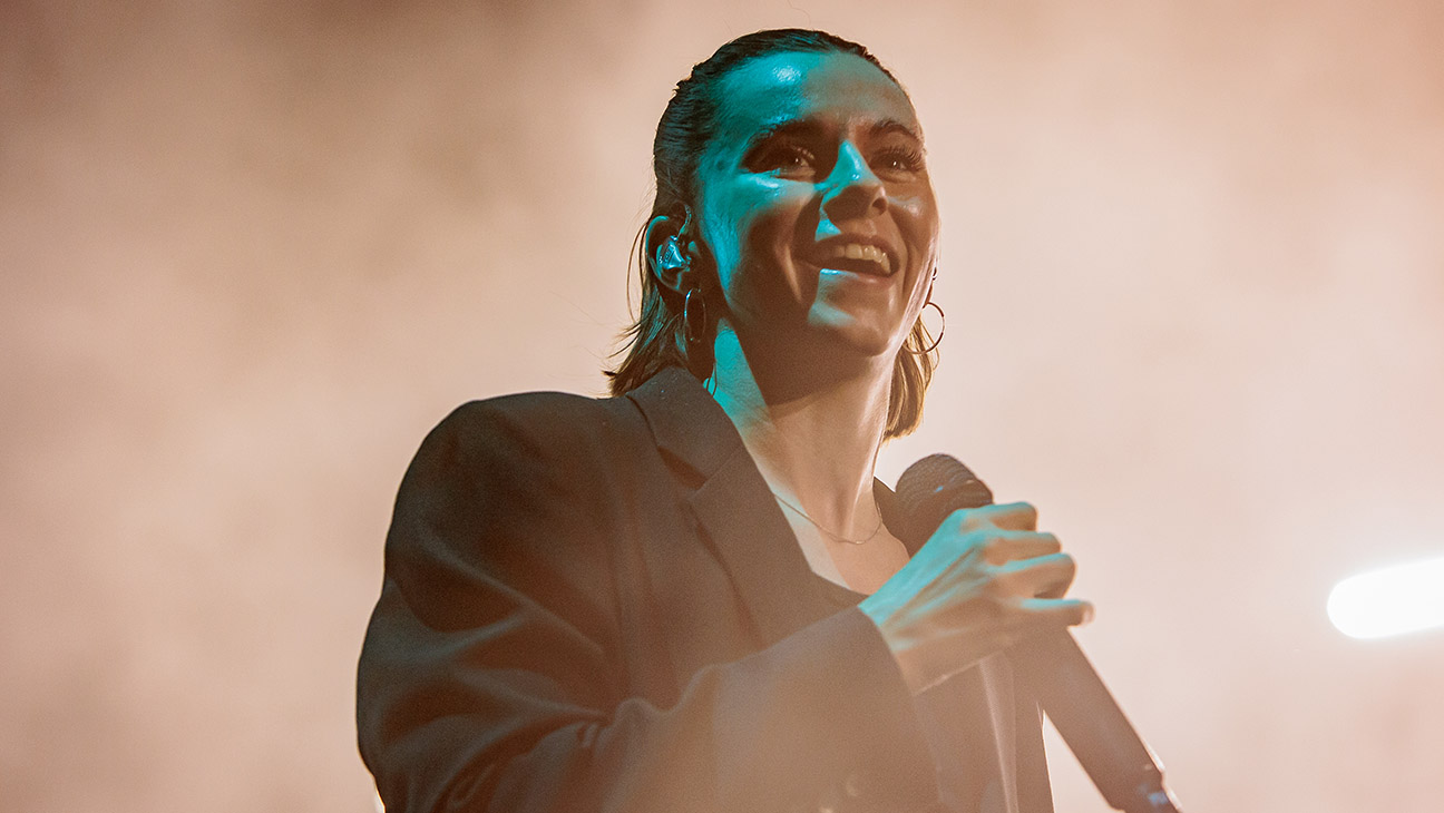 Lynn Gunn of PVRIS opens for Fall Out Boy at Mediolanum Forum of Assago on October 20, 2023 in Milan, Italy.
