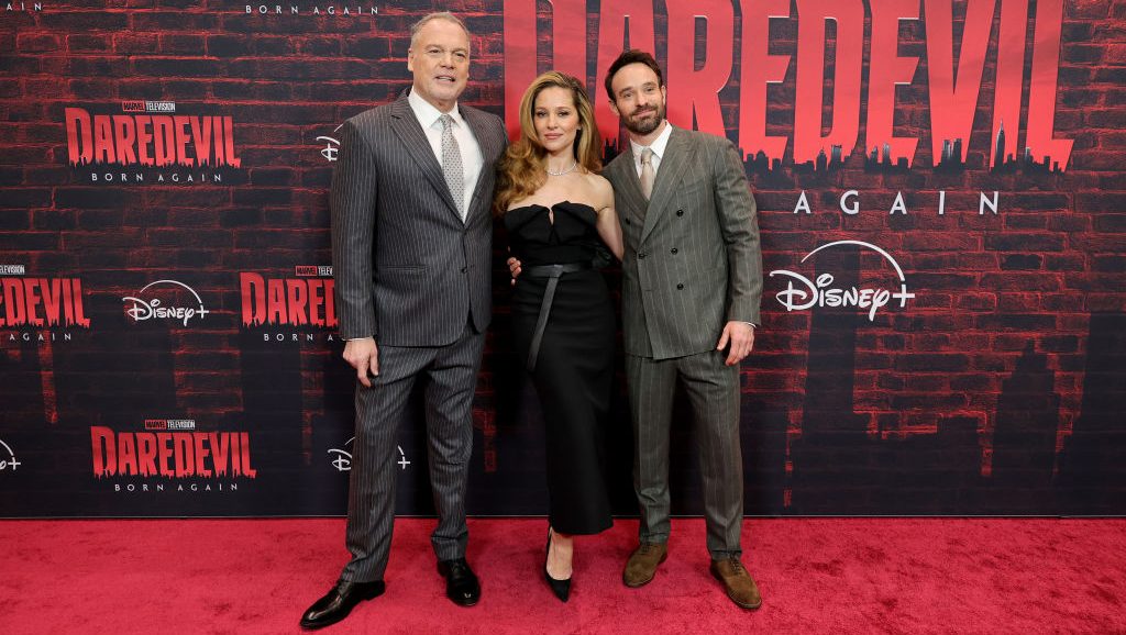 NEW YORK, NEW YORK - FEBRUARY 24: (L-R) Vincent D'Onofrio, Margarita Levieva, and Charlie Cox attends Disney's "Daredevil: Born Again" New York Premiere at The Hudson Theatre on February 24, 2025 in New York City.  (Photo by Dia Dipasupil/Getty Images)
