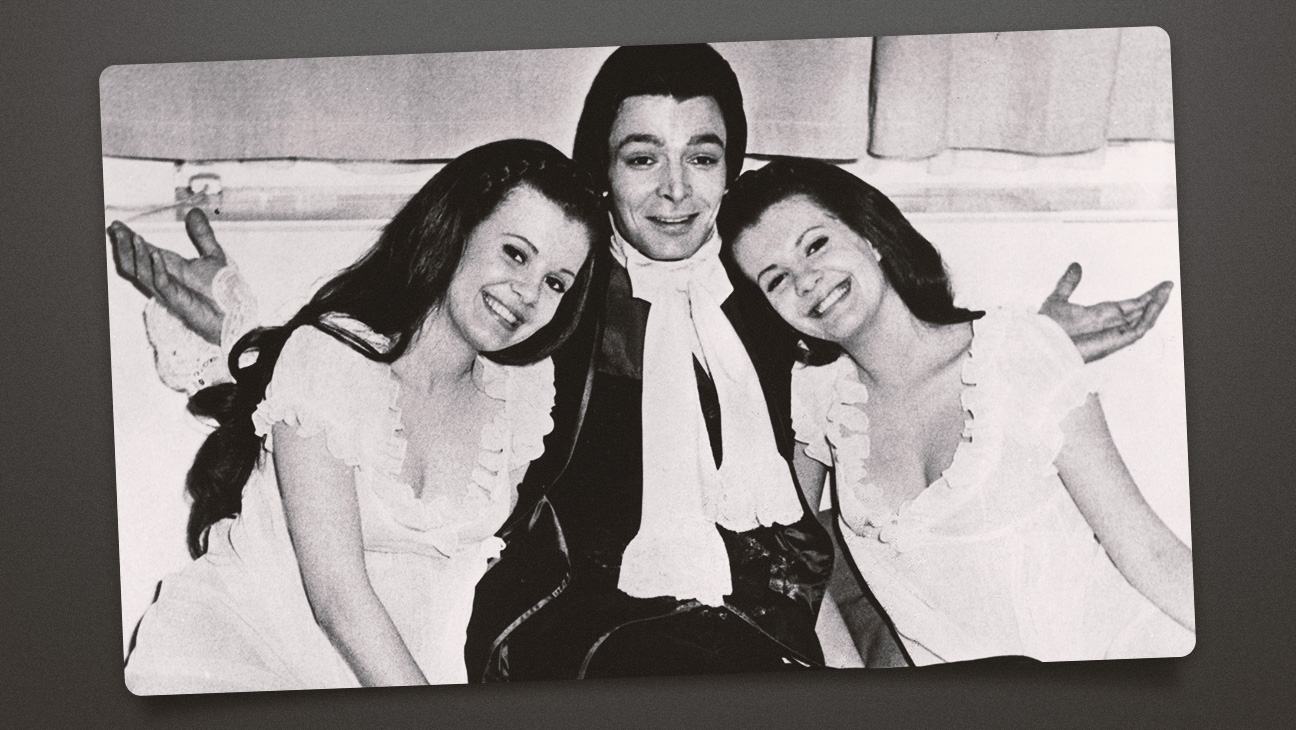 Damien Thomas with Madeleine Collinson (left) and Mary Collinson on the set of 1971’s ‘Twins of Evil.’