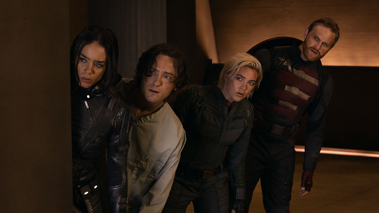 (L-R) Ghost (Hannah John-Kamen), Bob (Lewis Pullman), Yelena Belova (Florence Pugh) and John Walker (Wyatt Russell) in Thunderbolts*